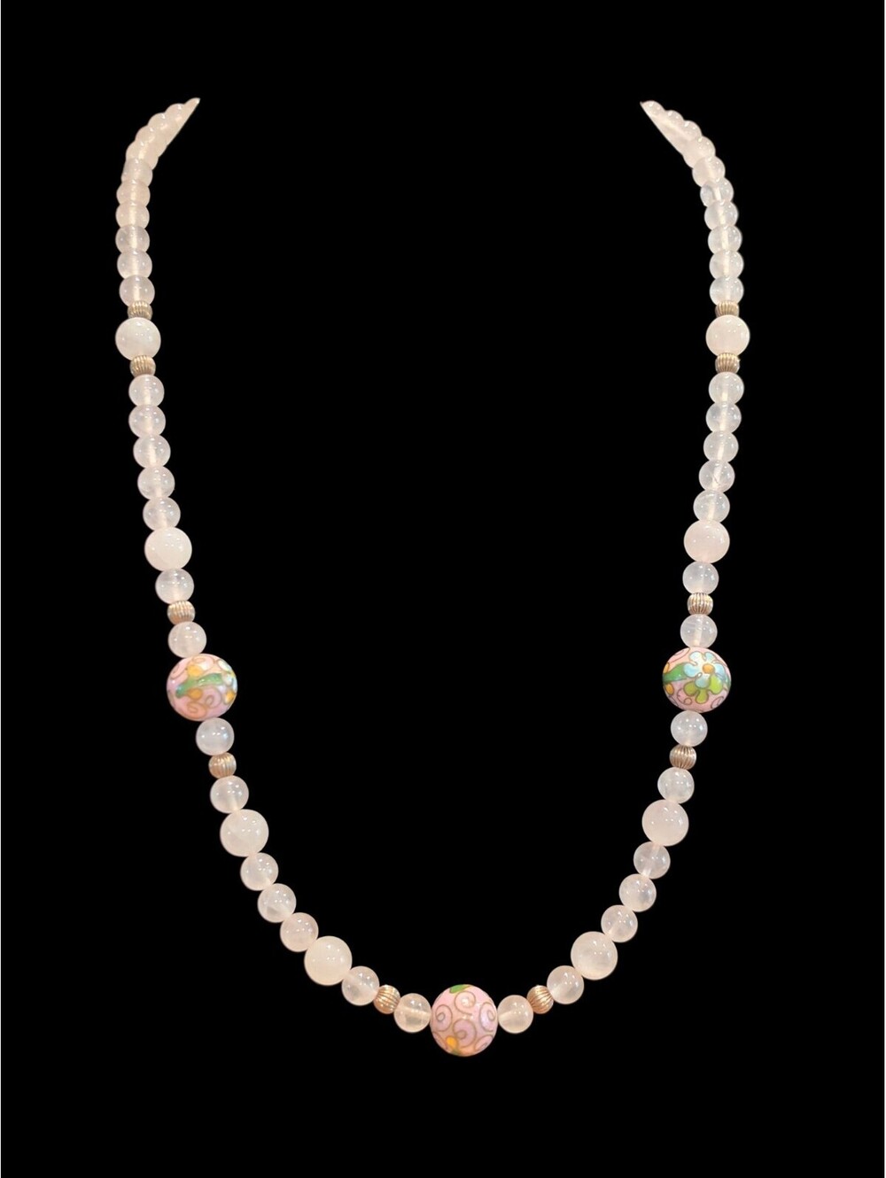 VINTAGE CHINESE EXPORT CLOISONNE ROSE QUARTZ NECKLACE 28"